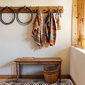 May include: A wooden wall-mounted coat rack with two black circular ropes, two patterned multi-colored fabric wraps, and a small beige bag hanging from hooks. Below sits a wooden bench, a woven wicker basket, and a rectangular patterned rug.