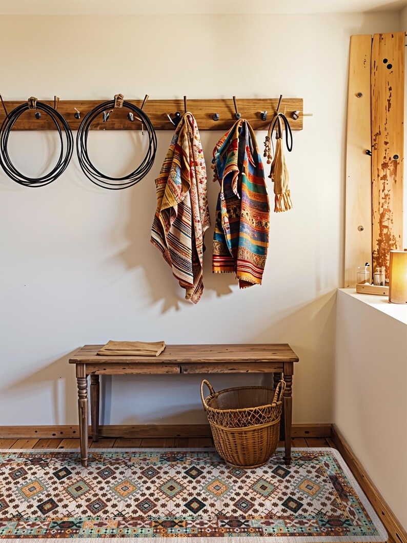 May include: A wooden wall-mounted coat rack with two black circular ropes, two patterned multi-colored fabric wraps, and a small beige bag hanging from hooks. Below sits a wooden bench, a woven wicker basket, and a rectangular patterned rug.