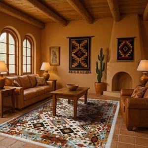May include: A rectangular area rug featuring a white background with a repeating geometric pattern in shades of rust, teal, brown, and black. The rug is positioned on a tiled floor in a room with leather furniture, wooden tables, and wall decor.