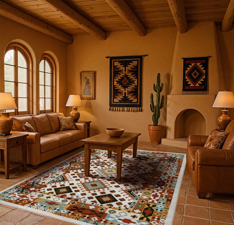 May include: A rectangular area rug featuring a white background with a repeating geometric pattern in shades of rust, teal, brown, and black. The rug is positioned on a tiled floor in a room with leather furniture, wooden tables, and wall decor.