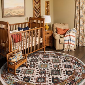 May include: A round area rug featuring a cream-colored center with a repeating geometric pattern in shades of teal, brown, black, and white, surrounded by a wide, dark brown border with intricate tribal-inspired motifs and a light fringe edge.