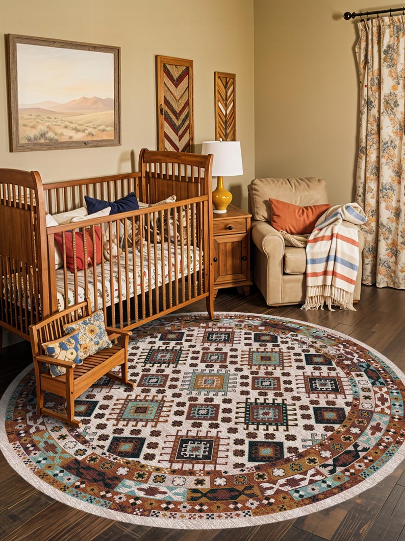 May include: A round area rug featuring a cream-colored center with a repeating geometric pattern in shades of teal, brown, black, and white, surrounded by a wide, dark brown border with intricate tribal-inspired motifs and a light fringe edge.
