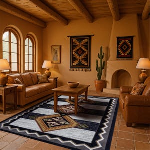 May include: A rectangular area rug featuring a geometric pattern with a central diamond motif in shades of brown, tan, and green, set against a background of horizontal black and gray stripes with a white zigzag border along the edges.