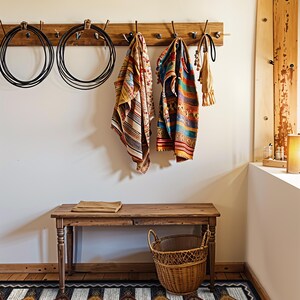 May include: A rectangular area rug featuring a repeating diamond pattern in shades of brown, black, and white with a geometric border. The rug is positioned on a wooden floor beneath a wooden bench, a wicker basket, and a wall-mounted coat rack.
