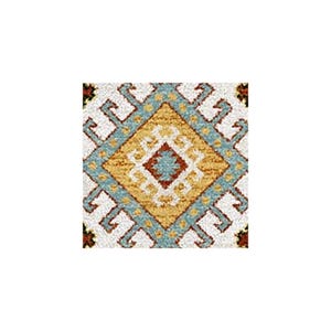 May include: A square textile featuring a repeating geometric pattern with a central diamond shape in mustard yellow, surrounded by light blue and white angular borders, with small dark red accents at the corners and center of the design.