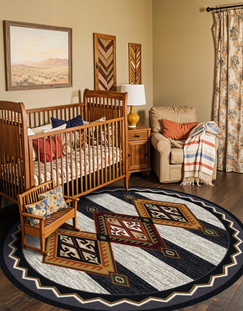 May include: A round area rug featuring a geometric pattern with large diamond shapes in shades of brown, red, green, and cream, set against a background of alternating black and light gray stripes with a zigzag border along the outer edge.
