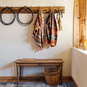 May include: A wooden wall-mounted coat rack with black metal hooks holding two coiled black ropes, two patterned fabric throws, and a small beige bag. Below sits a wooden bench, a woven wicker basket, and a grey rug with a geometric pattern.