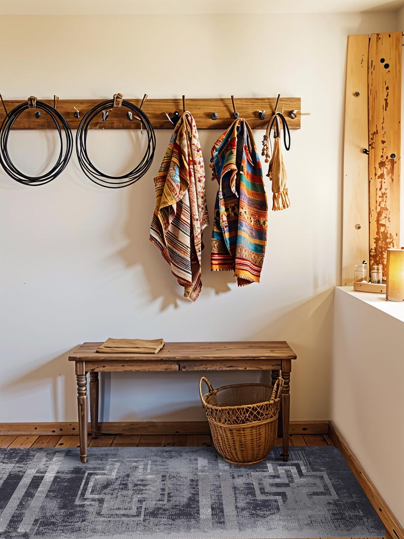 May include: A wooden wall-mounted coat rack with black metal hooks holding two coiled black ropes, two patterned fabric throws, and a small beige bag. Below sits a wooden bench, a woven wicker basket, and a grey rug with a geometric pattern.
