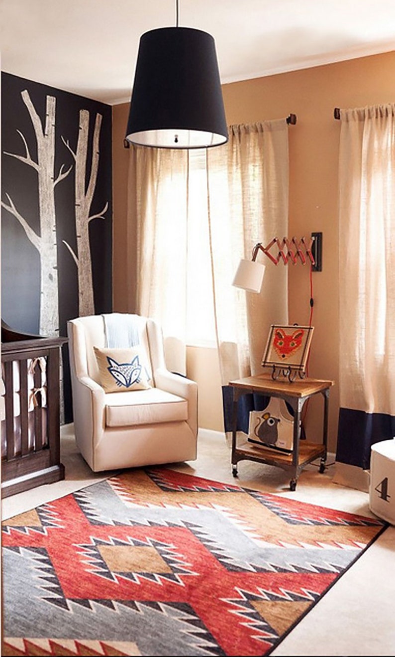 Nursery Rug Area Woodland Bright Colorful Red Blue