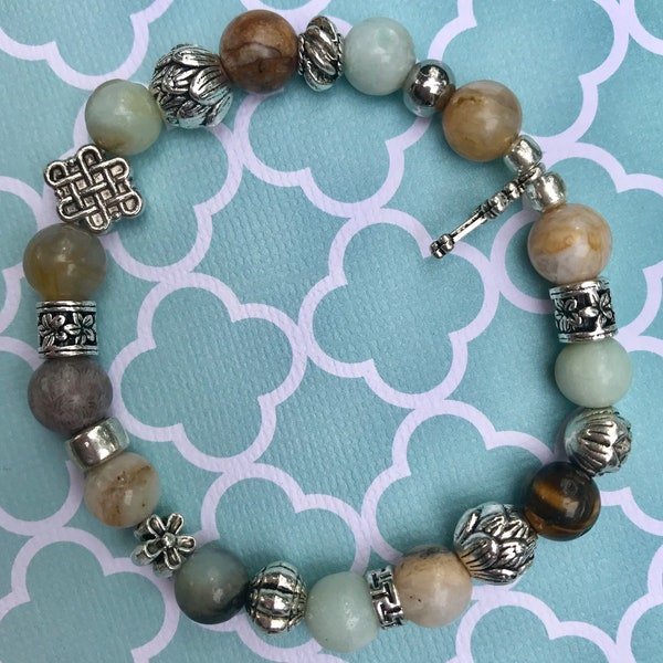 Polished Amazonite Beaded Bracelet with silver accents