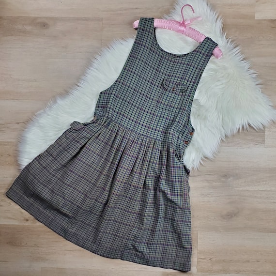 90's gingham sage green overall dress - image 1