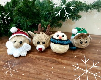 Crochet christmas ornaments pattern. Set of 4 decorations. Elf, santa, penguin, reindeer english pdf tutorial.