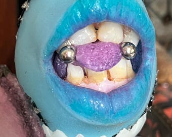 HARDBOILED YOLKMOUTH Blue Frankenlippy Egg Silicone squishy Egg. Hyperrealistic Duck Feet stand not included in this listing