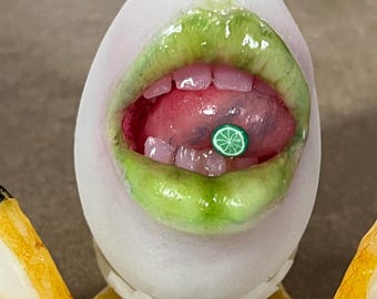 HARDBOILED YOLKMOUTH LiMe LiPs w/LiMe PiErCiNg Silicone squishy Hyperrealistic Egg! Duck Feet stand not included in this listing