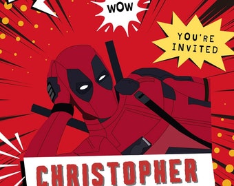 Könnte beinhalten: Eine rote und schwarze Comic-Einladung zu einer 10. Geburtstagsfeier. Die Einladung zeigt ein Comicbild von Deadpool, den Text "March 3 at 2 PM", "You're Invited", "Christopher is turning 10" und "123 Anywhere St., Any City, ST 12345 RSVP to 123-456-7890".