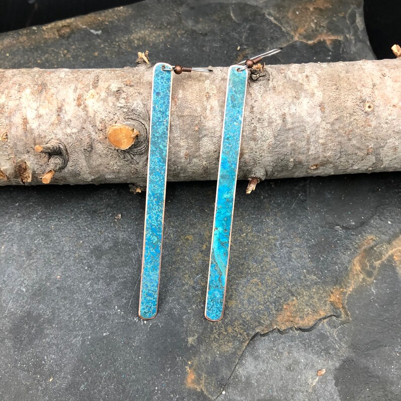 Copper earrings 9cm - Recycled Jewelry - Handmade copper Jewelry - patina jewelry - patina earrings - simple elegant - Dangling earrings image 5