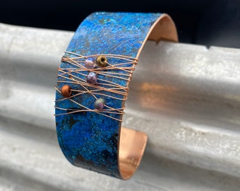 Copper Cuff Bracelet - Recycled Jewelry  - Handmade copper Jewelry - Patina jewelry - beaded Jewelry - offset cuff - recycled bracelet