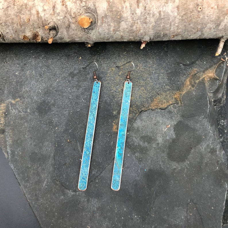 Copper earrings 9cm - Recycled Jewelry - Handmade copper Jewelry - patina jewelry - patina earrings - simple elegant - Dangling earrings image 2
