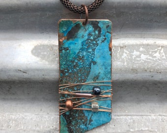 Copper necklace - Recycled Jewelry - Handmade copper Jewelry - patina jewelry - patina necklace - copper pendant - necklace with bead & wire