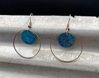 Copper earrings - Recycled Jewelry - Handmade copper Jewelry - patina jewelry - circle earrings - recycled  earrings - Dangling earrings