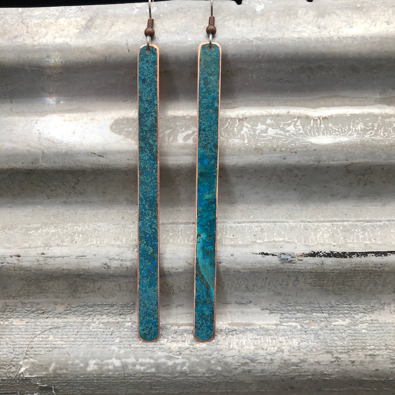 Copper earrings 9cm - Recycled Jewelry - Handmade copper Jewelry - patina jewelry - patina earrings - simple elegant - Dangling earrings image 1