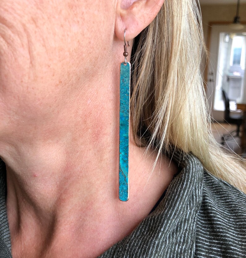 Copper earrings 9cm - Recycled Jewelry - Handmade copper Jewelry - patina jewelry - patina earrings - simple elegant - Dangling earrings image 4