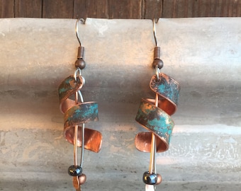 Copper earrings - Recycled Jewelry - Handmade copper Jewelry - patina jewelry - curly earrings - layered earrings - Dangling earrings