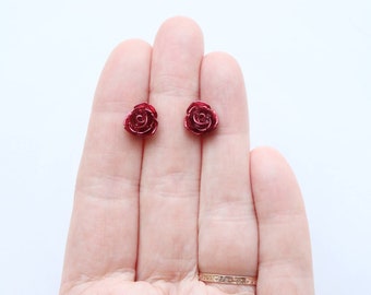 Metallic Red Rose Earrings / Floral Jewelry/ Flower Lovers / Hypoallergenic Jewelry/Earrings for Sensitive Ears