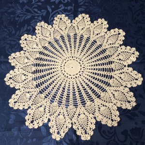 May include: A delicate, cream-coloured crocheted doily with a circular design. The doily has a centre circle and radiating spokes of intricate lacework.