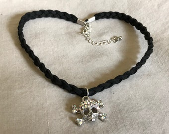 Braided Faux Leather Black Adjustable Choker with Skull and Crossbones Charm