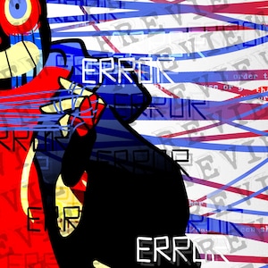 Op de afbeelding: Een digitale illustratie van een personage met een rode en zwarte outfit, dat een zwarte tas vasthoudt. De achtergrond is wit met rode en blauwe lijnen en het woord "ERROR" wordt overal herhaald.
