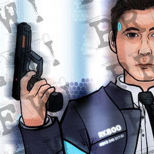 Puede incluir: Una ilustración digital de un hombre con una chaqueta de traje azul, camisa blanca y corbata negra. Está sosteniendo un arma en su mano derecha. El fondo es un patrón abstracto azul y blanco. El texto "RK800 0913 246 317-51" está en su chaqueta. El texto "[BECOME A DEVIANT] + REMAIN A MACHINE" está en la esquina superior derecha de la imagen.