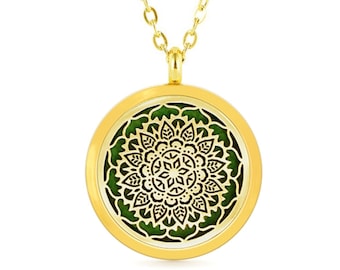 Mandala Essential Oil Diffuser Necklace Stainless Steel Gold color Aromatherapy