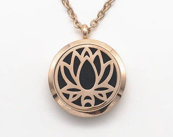 Rose Gold Open Lotus Flower Aromatherapy Necklace Set