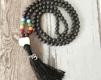 Lava & Chakra Stone Beaded Tassel Om Necklace with Elephant Charm