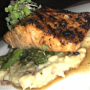 Honey Bourbon Salmon w/ Mashed Potatoes & Asparagus Tips Recipe