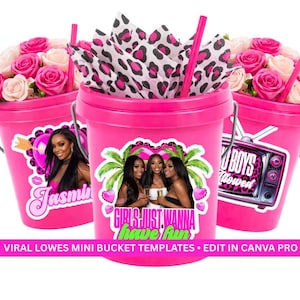 May include: Bright pink mini buckets filled with roses, leopard print tissue paper, and straws. Each bucket has a sticker with a woman's image and text that reads "Jasmine", "Girls Just Wanna Have Fun", and "Bad Boys Wowed".