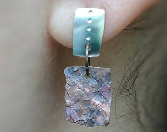 Handmade sterling silver and copper earrings, textured copper earring, silver and copper dangles, hammered copper dangles, drobichaudjewelry