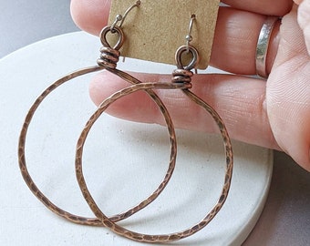 Handmade copper hoops, large copper hoops, copper earrings, large copper earrings, hammered copper earrings, copper hoops drobichaudjewelry