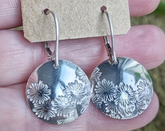 Silver Floral Earrings, Handmade Silver Earrings, Everyday Silver Dangle Earrings, Domed Silver, Silver Daisy Earrings, drobichaudjewelry