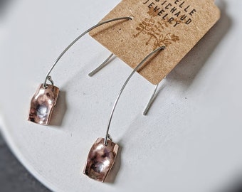 hammered copper earrings, mixed metal dangle earrings, minimalist earrings, copper and silver earrings, artisan earrings   Drobichaudjewelry