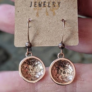 Handmade hammered copper disc earrings, domed disc earrings, artisan made copper jewelry, sm copper domed circle earrings, Drobichaudjewelry