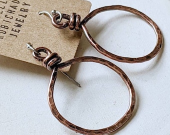 Small copper hoop earrings, handmade hammered copper hoops, twisted wire hoop earrings, copper hoops, oxidized copper, drobichaudjewelry