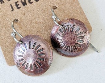Little copper dangle earrings, circle earrings, copper circles, hand stamped earrings, small copper earrings, domed copper drobichaudjewelry