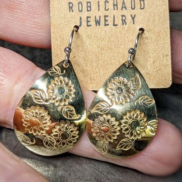 Sunflower earrings, brass earrings, hand stamped, brass jewelry, mixed metal jewelry, floral earrings, gold dangles, drobichaudjewelry
