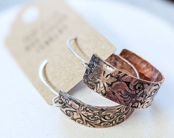 Mixed Metal hoops, handmade copper earrings, hammered copper hoop, textured copper, copper jewelry, artisan copper hoops, drobichaudjewelry