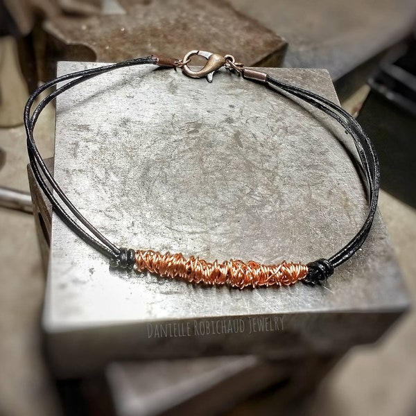 Handmade leather bracelet, wrapped copper wire, friendship bracelet, simple bracelet, boho bracelet, minimalist bracelet, drobichaudjewelry