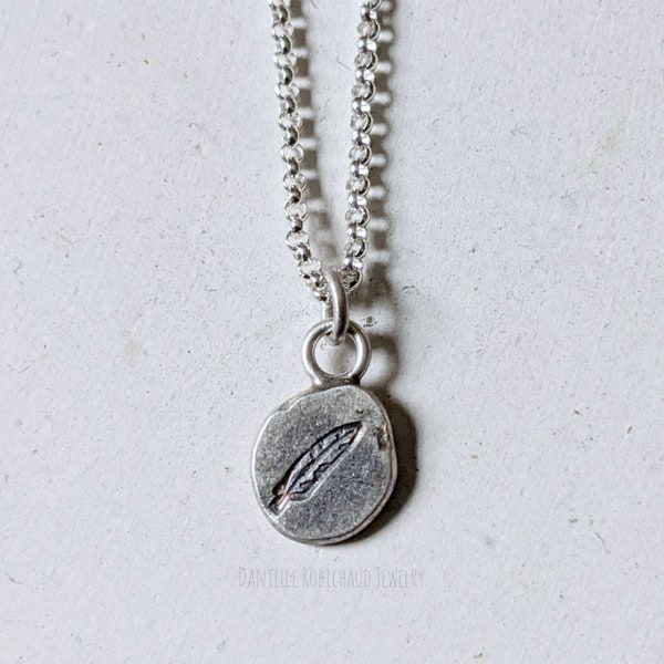 Feather necklace, recycled silver necklace, dainty silver necklace, simple silver necklace, tiny silver pendant on chain drobichaudjewelry