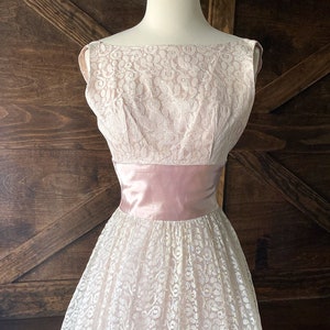 Vintage 1950s Lace Overlay Dress: Pink Satin, Fit & Flare, Tea Length (XS-S)