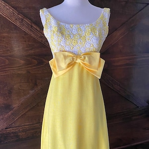 Vintage 1960s Saks Fifth Avenue Yellow Formal Dress: Lace & Bow Detail